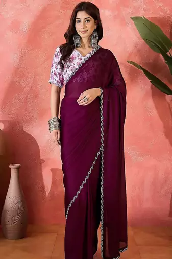 Purple embellished saree with blouse piece