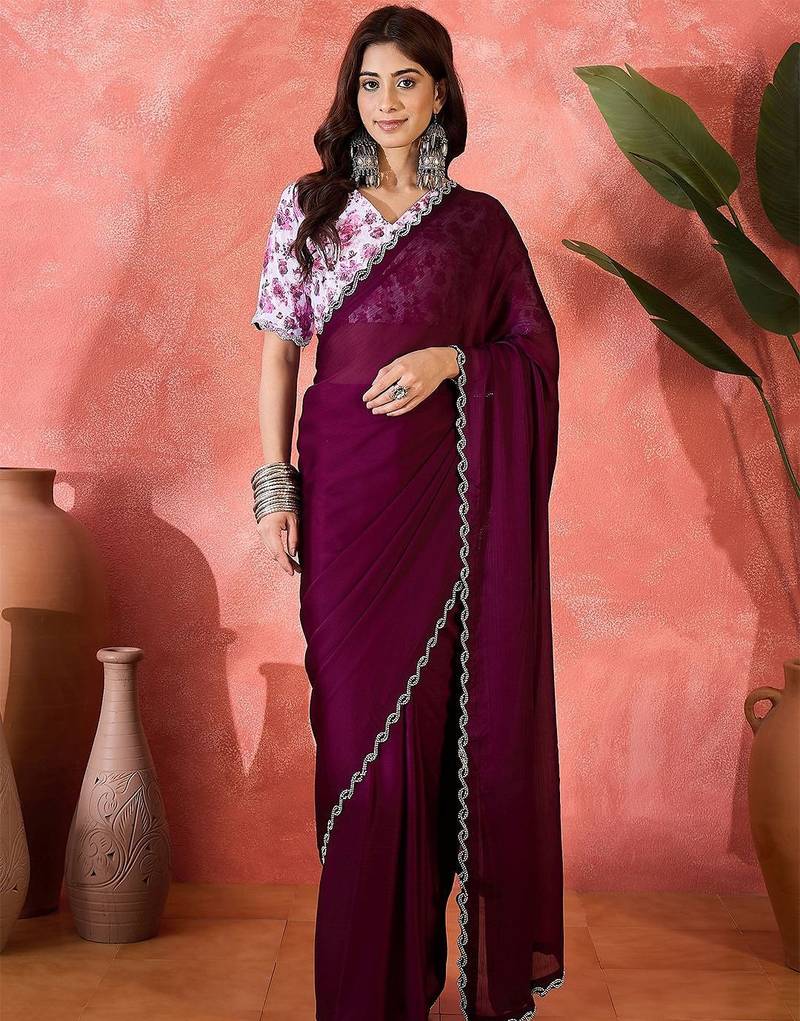 Purple embellished saree with blouse piece