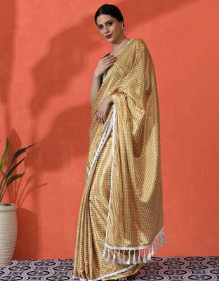 Yellow embellished checked printed digital printed satin saree with blouse piece 3