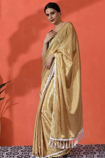 Yellow embellished checked printed digital printed satin saree with blouse piece