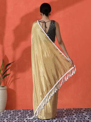Yellow embellished checked printed digital printed satin saree with blouse piece 4