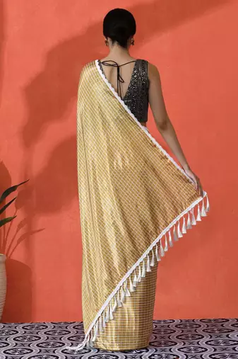 Yellow embellished checked printed digital printed satin saree with blouse piece