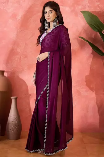 Purple embellished saree with blouse piece