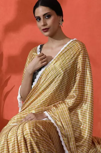 Yellow embellished checked printed digital printed satin saree with blouse piece