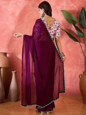 Purple embellished saree with blouse piece 3