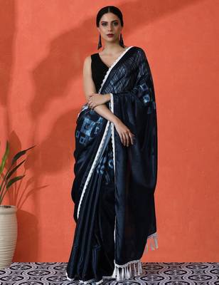 Blue embellished solid printed digital printed satin saree with blouse piece 1