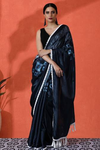 Blue embellished solid printed digital printed satin saree with blouse piece