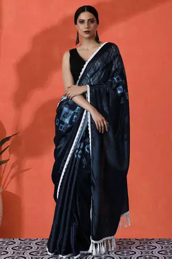 Blue embellished solid printed digital printed satin saree with blouse piece