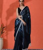 Blue embellished solid printed digital printed satin saree with blouse piece
