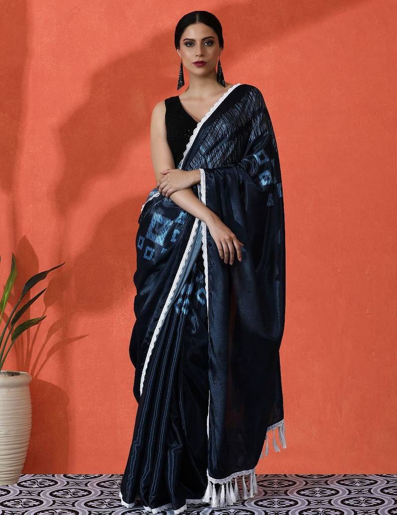 Blue embellished solid printed digital printed satin saree with blouse piece