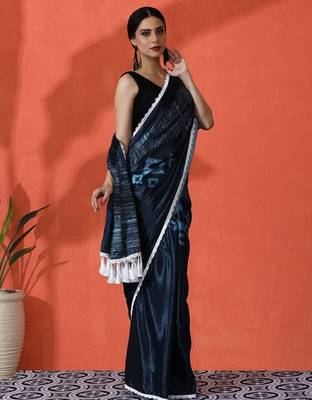 Blue embellished solid printed digital printed satin saree with blouse piece 2
