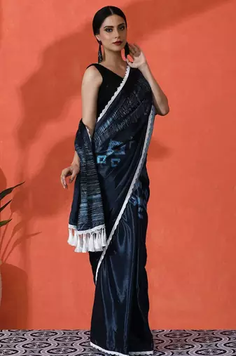 Blue embellished solid printed digital printed satin saree with blouse piece
