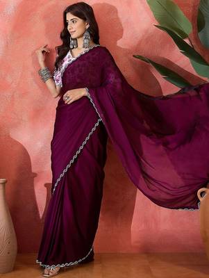 Purple embellished saree with blouse piece 4