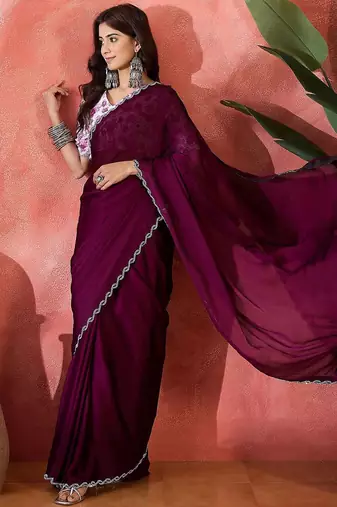 Purple embellished saree with blouse piece