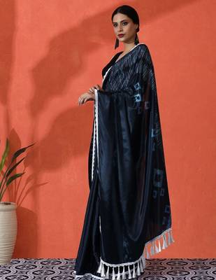 Blue embellished solid printed digital printed satin saree with blouse piece 3