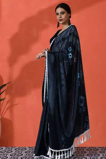Blue embellished solid printed digital printed satin saree with blouse piece