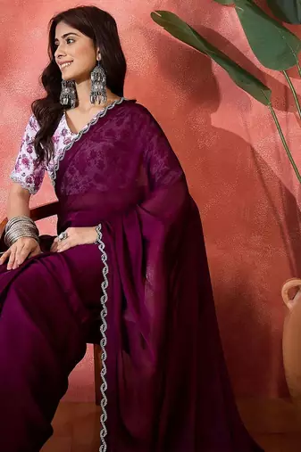 Purple embellished saree with blouse piece