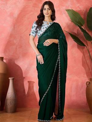 Green embellished banarasi saree with blouse piece 1