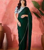 Green embellished banarasi saree with blouse piece