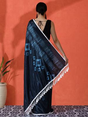 Blue embellished solid printed digital printed satin saree with blouse piece 4