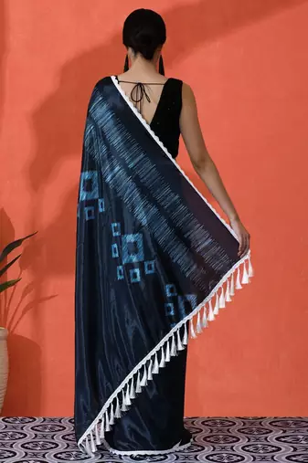 Blue embellished solid printed digital printed satin saree with blouse piece