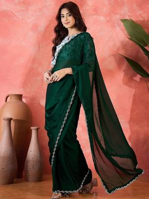 Green embellished banarasi saree with blouse piece 2