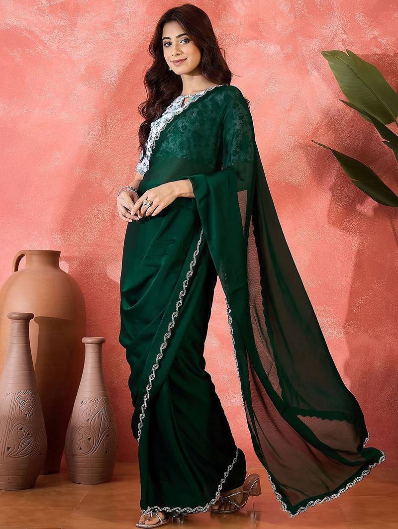 Green embellished banarasi saree with blouse piece