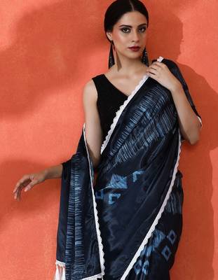 Blue embellished solid printed digital printed satin saree with blouse piece 5