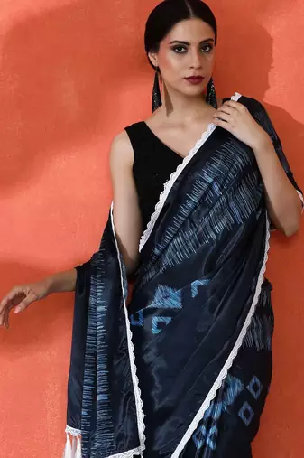 Blue embellished solid printed digital printed satin saree with blouse piece