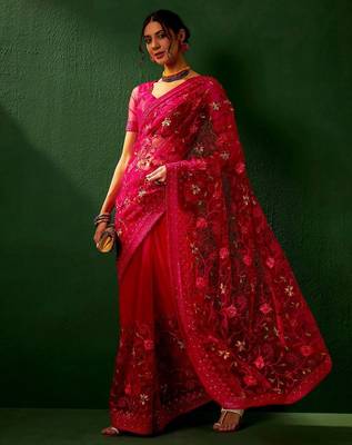 Magenta embroidered net saree 1