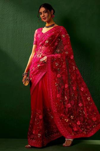 Magenta embroidered net saree
