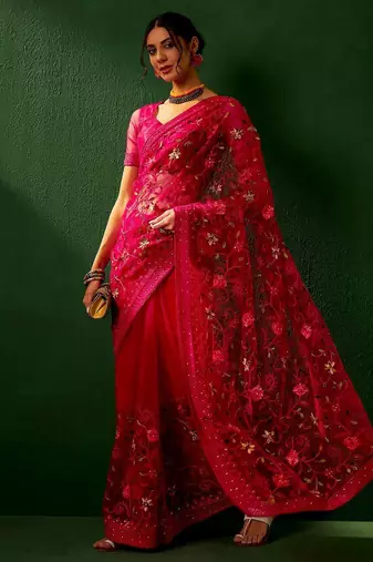 Magenta embroidered net saree
