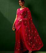 Magenta embroidered net saree