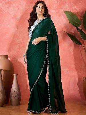Green embellished banarasi saree with blouse piece 4