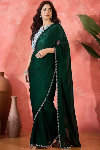 Green embellished banarasi saree with blouse piece