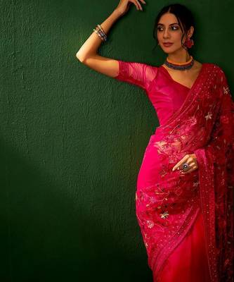Magenta embroidered net saree 2
