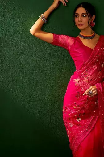 Magenta embroidered net saree