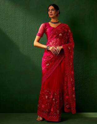 Magenta embroidered net saree 3