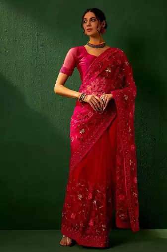 Magenta embroidered net saree