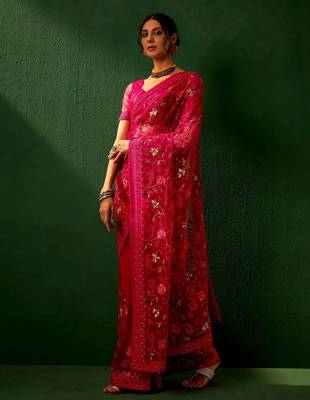 Magenta embroidered net saree 4
