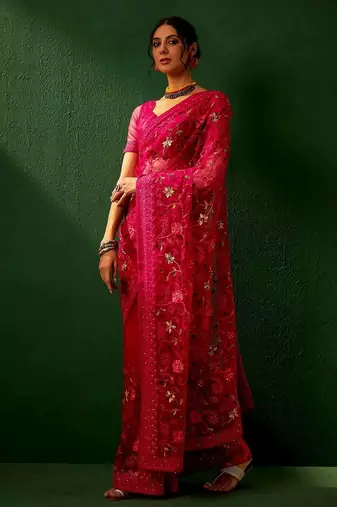 Magenta embroidered net saree