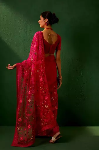 Magenta embroidered net saree