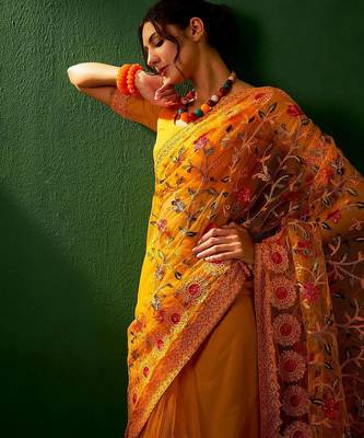 Mustard embroidered net sarees 1