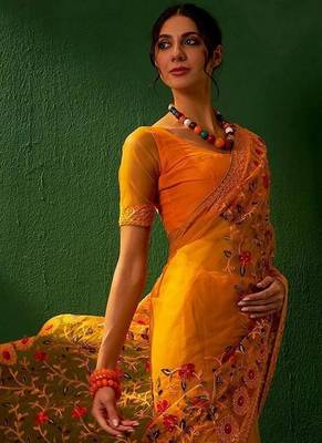 Mustard embroidered net sarees 2