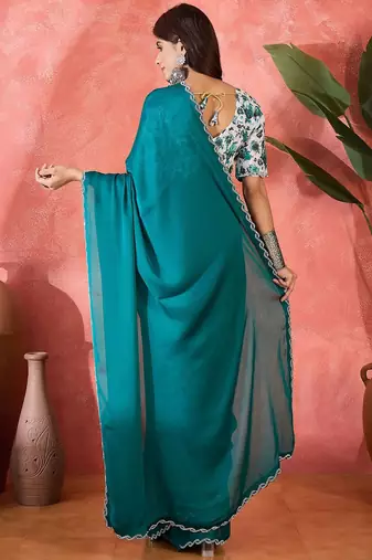 Teal embellished banarasi saree with blouse piece