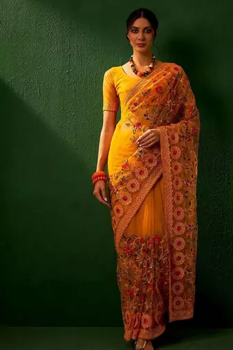Mustard embroidered net sarees