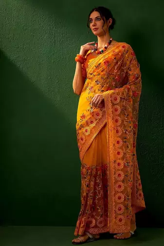 Mustard embroidered net sarees