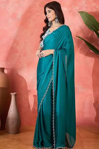 Teal embellished banarasi saree with blouse piece