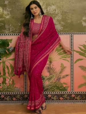 Pink mul cotton ajrakh print sequence work saree 1