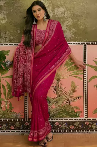 Pink mul cotton ajrakh print sequence work saree